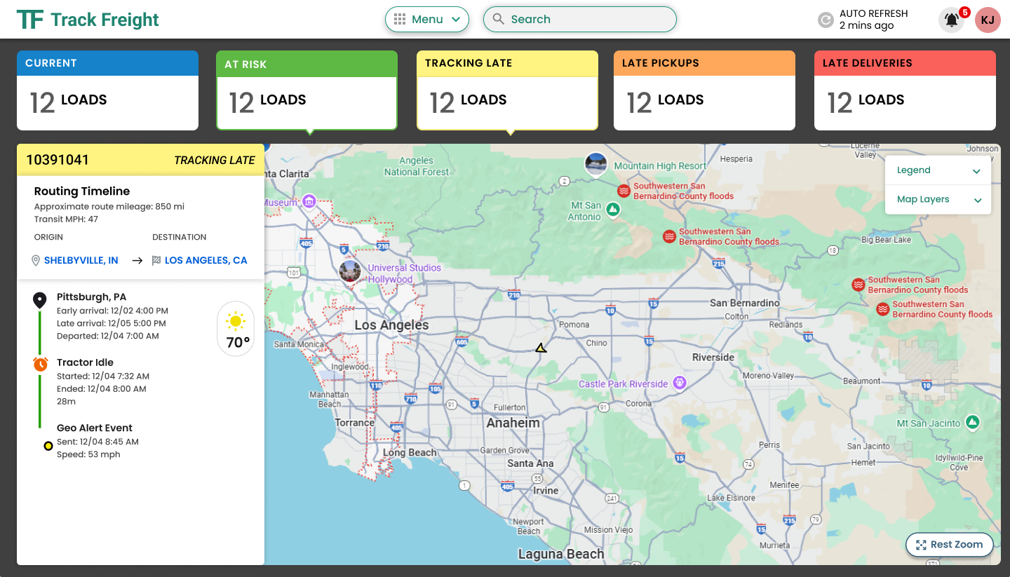 Shipment tracking dashboard showing status, ETA, alerts, and search