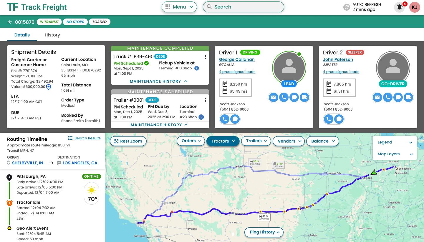 Shipment details view showing milestone history, exception notes, and shareable tracking